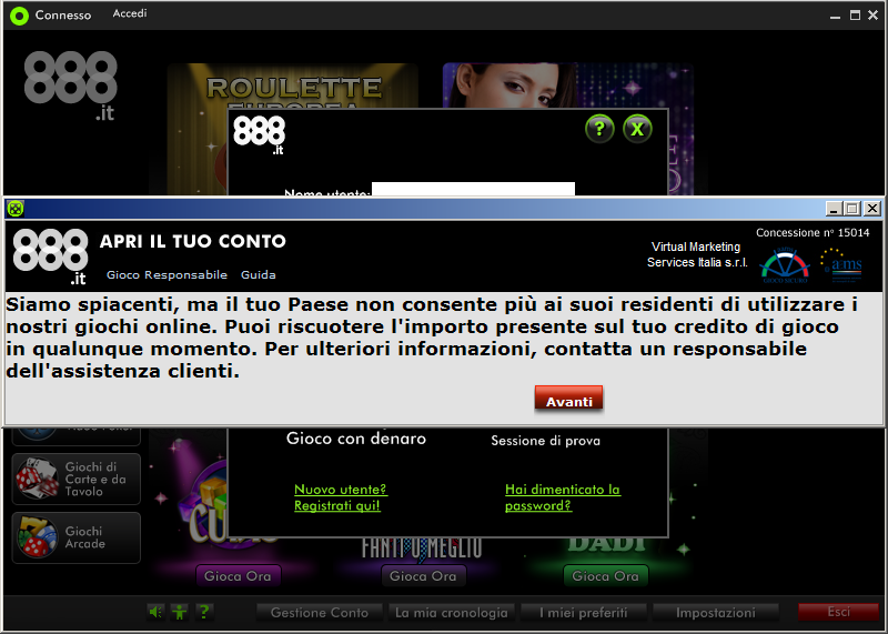 Problema registrazione casino 888