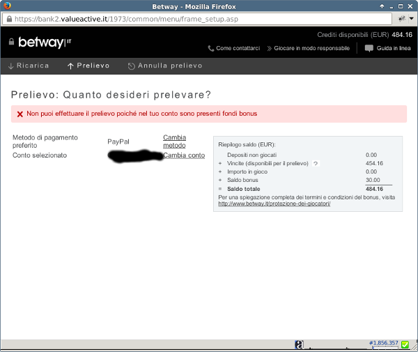 Prelievo bloccato dal bonus