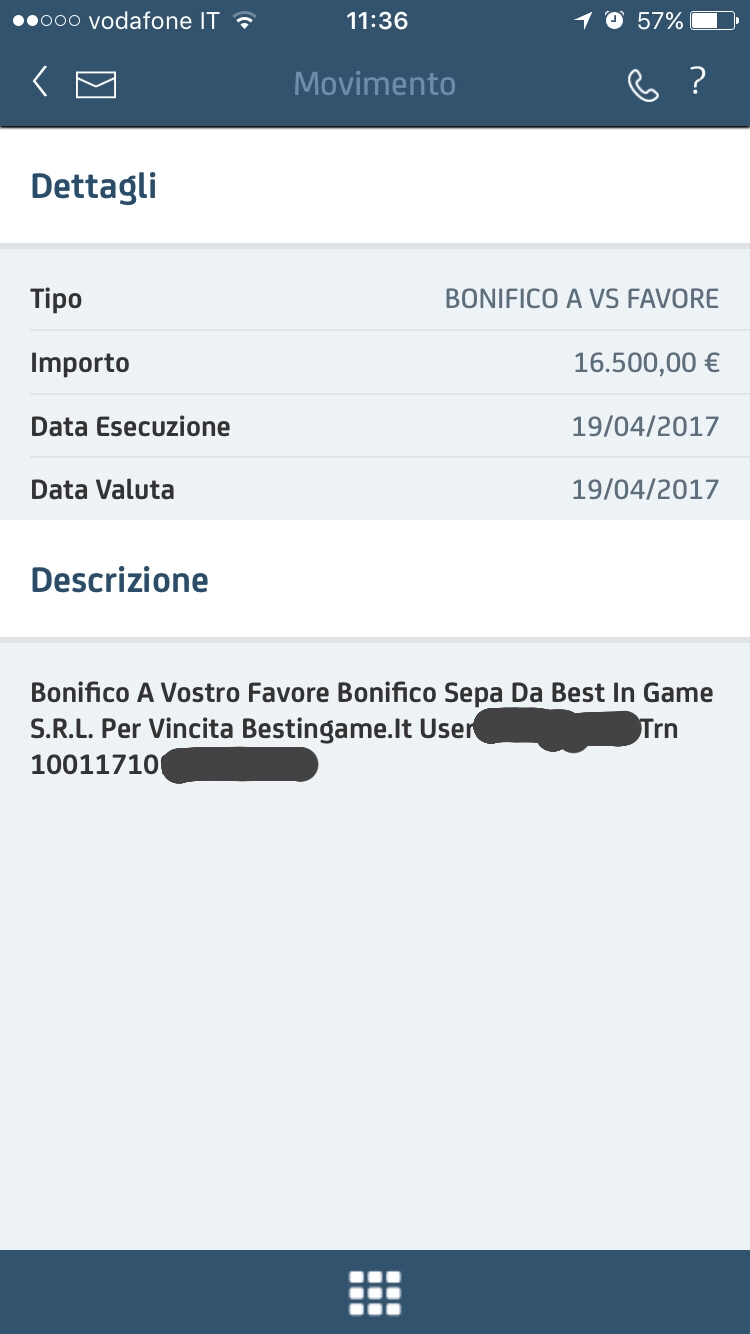 Ecco il bonifico. Ho cancellato per sicurezza mio username e qualche cifra che non so bene a cosa si riferisca