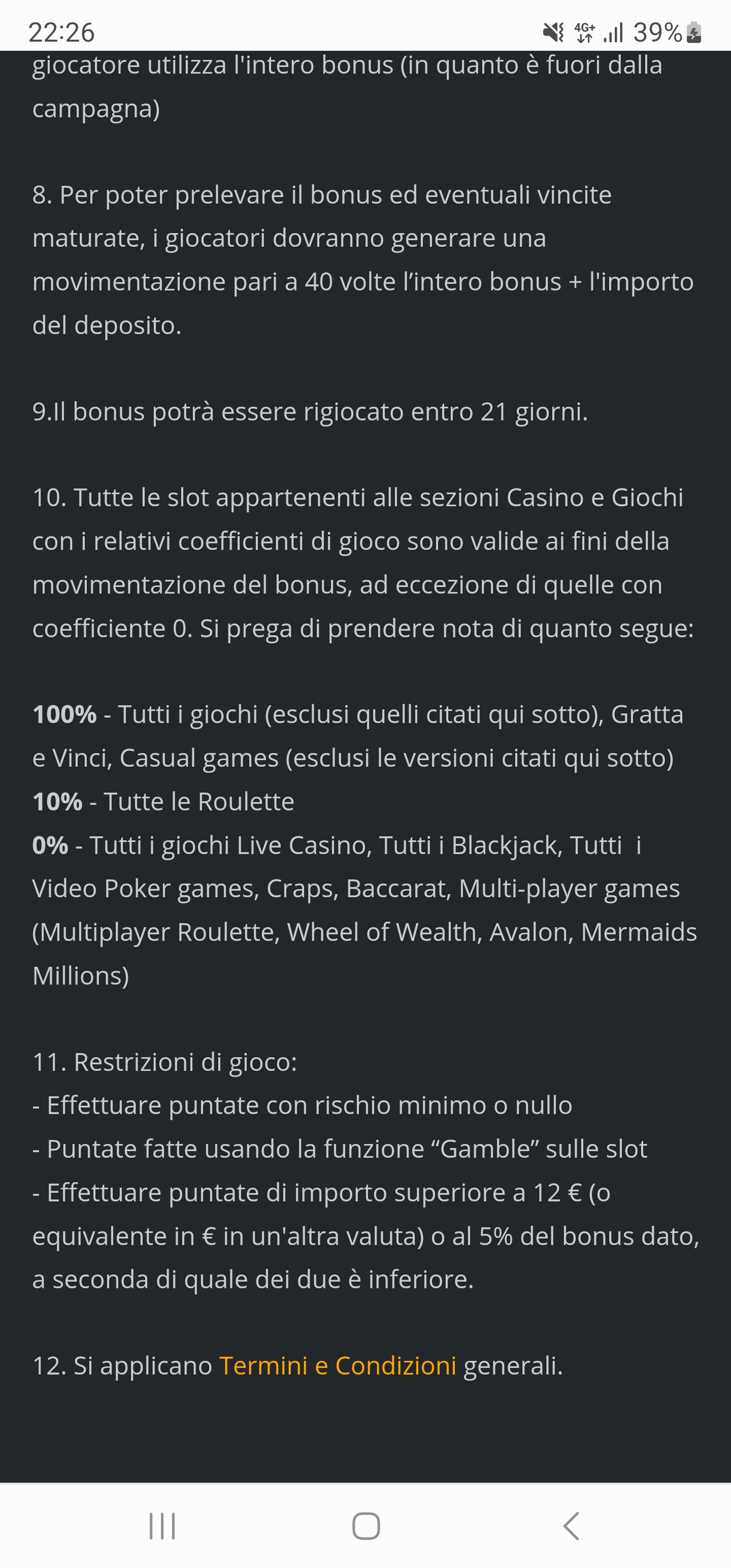 Condizioni del bonus takem 100